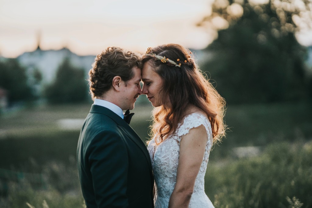 Evening golden hour wedding photography portrait in Switzerland by bitcoin wedding photographer